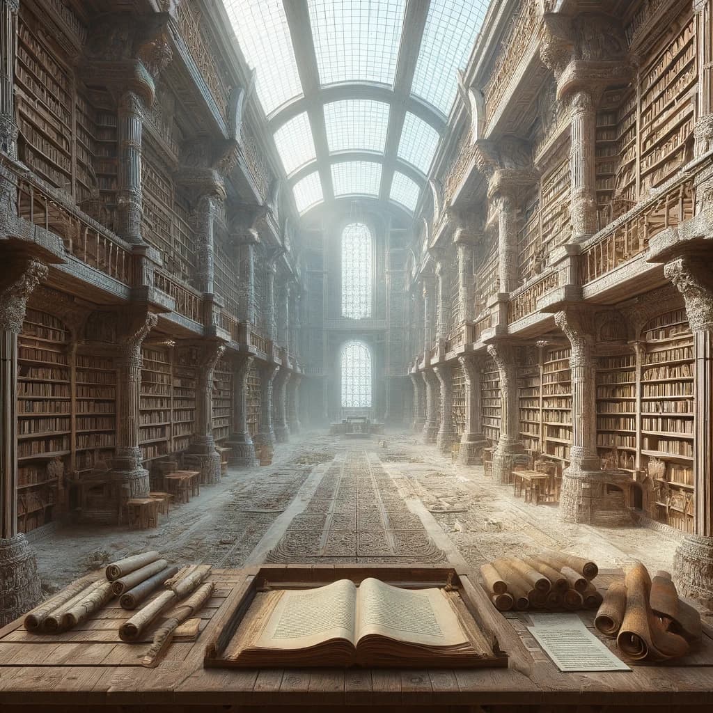 Our hero’s great library. Prompt: An ancient and vast library designed by a solitary immortal man, set in a lush, prehistoric environment. The library is constructed from a variety of materials evolved over time, including stone, wood, and advanced composites. It houses a comprehensive collection of books and scrolls, covering philosophy, science, literature, and natural history. The interior is filled with rows of bookshelves, meticulously organized, and a large wooden table with scrolls and books laid out, ready for reading. Large windows allow natural light to illuminate the dusty air, highlighting the serene and scholarly atmosphere of this unique library.